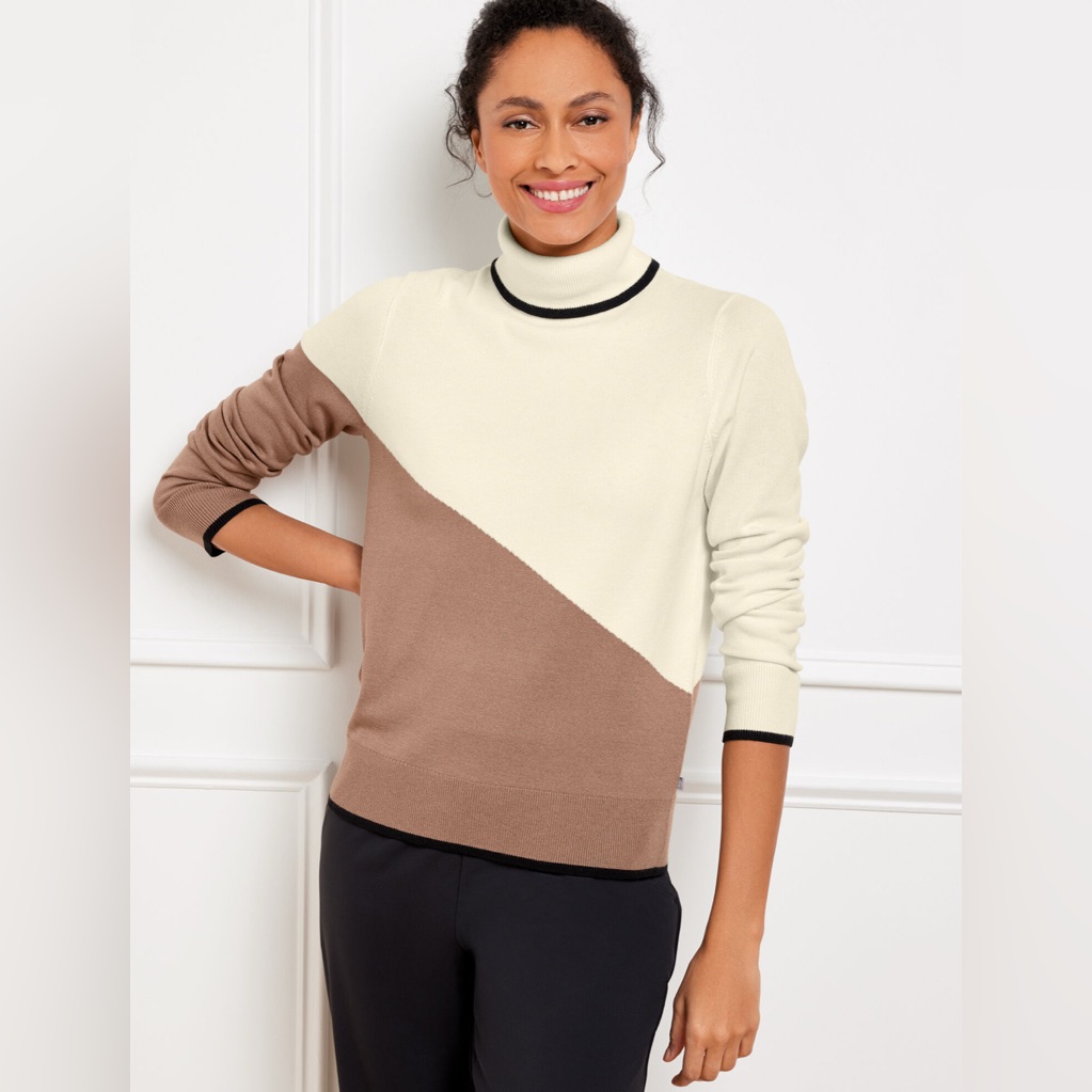 T By Talbots Colorblock Turtleneck Brown Cream Sweater - Xl
